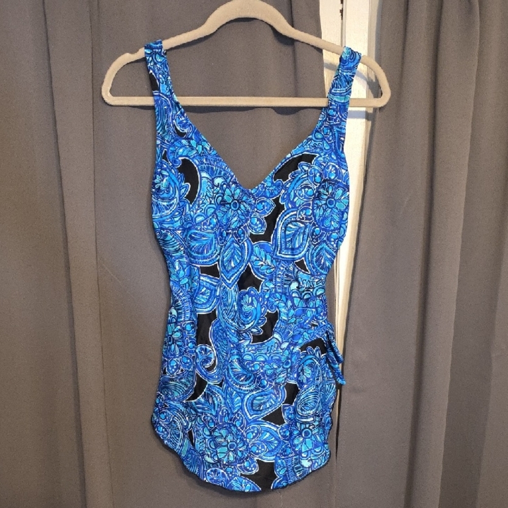 Maxine Of Hollywood Womens Black/Blue/Silver Swimsuit Skirted Front Bra Sz 12